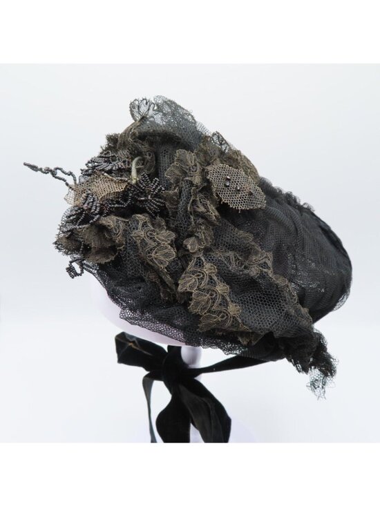 Womens One Size Mourning Hat Late 1800s Lace Netting Beaded Leaves Velvet Tie main image 4